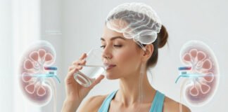 A healthy adult drinking water with a transparent overlay graphic showing hydration benefits for the brain and kidneys.