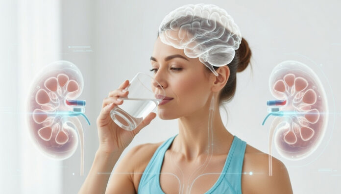 Health effects of dehydration on brain and kidney function A healthy adult drinking water with a transparent overlay graphic showing hydration benefits for the brain and kidneys.
