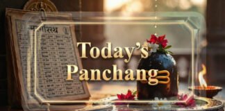 Hindu Panchang calendar and Shivling with diya for Monday worship