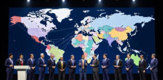 Global technology executives announcing Trusted Tech Alliance at international conference