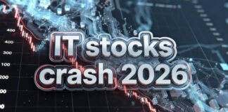 Stock market chart falling beside AI technology concept illustration