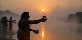 Devotees offering water to the Sun God on Bhanu Saptami 2026 during sunrise