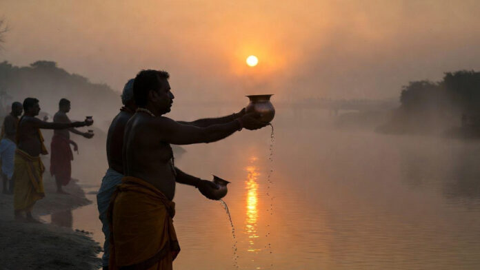 bhanu-saptami-2026-surya-pu Devotees offering water to the Sun God on Bhanu Saptami 2026 during sunrise