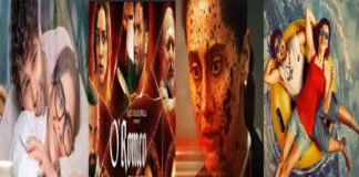 Bollywood movie posters of Assi, Do Deewane Shehar Mein, and O Romeo displayed outside a cinema hall