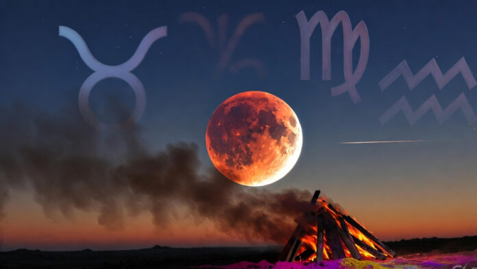chandra-grahan-2026-march-3 Total lunar eclipse on March 3, 2026 during Holi with zodiac symbols Taurus, Virgo, and Aquarius