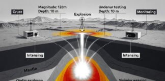 Illustration depicting covert nuclear testing and global seismic monitoring systems
