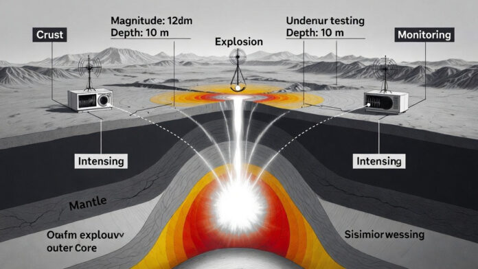 china-secret-nuclear-test-a Illustration depicting covert nuclear testing and global seismic monitoring systems