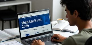 Students checking CLAT 2026 third merit list results on laptop with official website visible