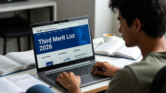Students checking CLAT 2026 third merit list results on laptop with official website visible