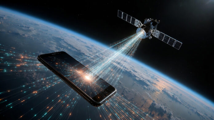 direct-to-cell-satellite-ca Smartphone connecting directly to satellite in space