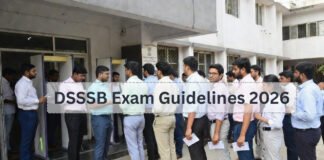 Candidates undergoing security check outside DSSSB exam center following 2026 guidelines
