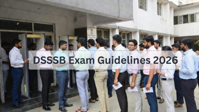 dsssb-exam-center-candidate Candidates undergoing security check outside DSSSB exam center following 2026 guidelines