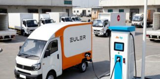 Euler Motors electric commercial vehicle charging at a Jio-bp EV charging station