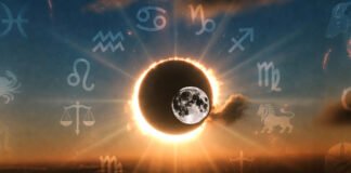 Solar eclipse on February 17, 2026 with zodiac symbols representing daily horoscope predictions