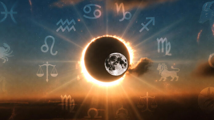 february-17-2026-solar-ecli Solar eclipse on February 17, 2026 with zodiac symbols representing daily horoscope predictions