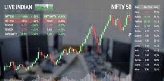 Stock market data screen showing Indian market indices and trading activity