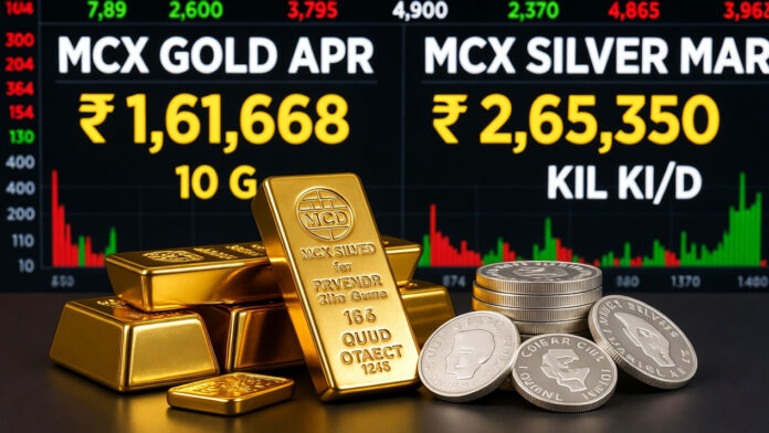 gold-silver-mcx-price-volat Gold bars and silver bullion displayed with MCX price board showing gold at ₹1.61 lakh and silver at ₹2.65 lakh