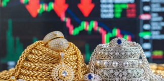 Gold and silver bars with commodity trading screen showing sharp price drop in MCX and COMEX markets.