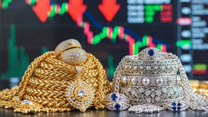 Gold and silver bars with commodity trading screen showing sharp price drop in MCX and COMEX markets.