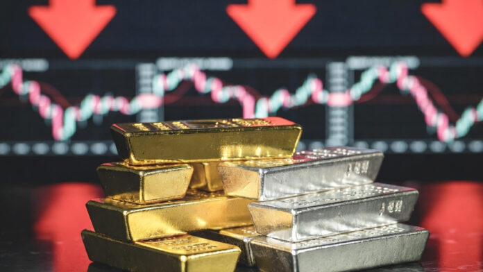 gold-silver-price-decline-g Close-up of gold and silver bullion bars reflecting recent price decline in global markets