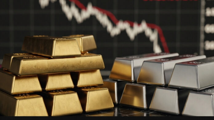 gold-silver-price-drop-bull Gold and silver bullion bars reflecting recent price decline in metals market