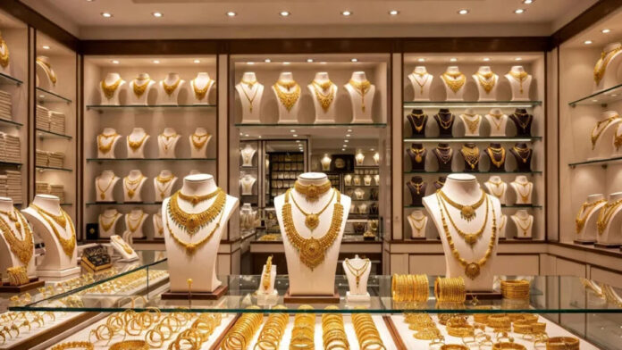 Jewelry shop display showing gold and silver ornaments during price surge