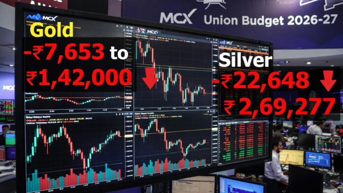 Dramatic decline in gold and silver prices shown on MCX trading chart during Union Budget 2026-27 day with red downward arrows and price annotations