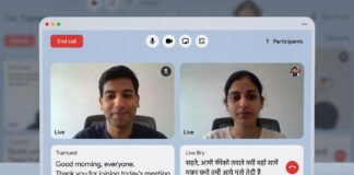 Google Meet interface showing real-time AI translation captions in two Indian languages during a video call