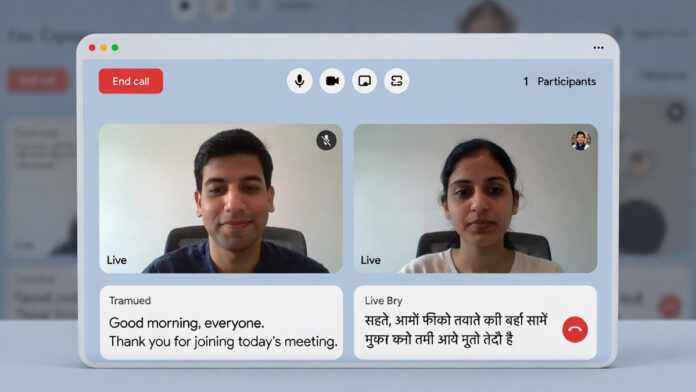 google-ai-real-time-transla Google Meet interface showing real-time AI translation captions in two Indian languages during a video call