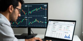 Indian investor reviewing IPO documents on laptop with stock market charts and demat account interface visible