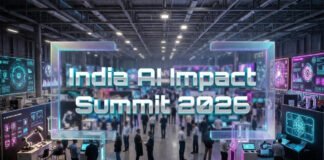 Large crowd attending artificial intelligence summit exhibition hall