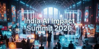 AI summit exhibition hall at Bharat Mandapam showcasing futuristic technology booths Title: India AI Impact Summit 2026 Expo Hall