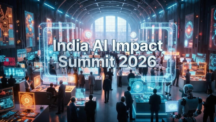 india-ai-impact-summit-2026 AI summit exhibition hall at Bharat Mandapam showcasing futuristic technology booths Title: India AI Impact Summit 2026 Expo Hall