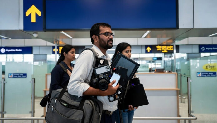 india-baggage-rules-2026-la International traveler carrying laptop and gadgets under India’s new baggage rules