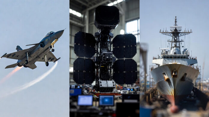 india-defense-stocks-2026-h HAL Tejas fighter jet, BEL radar system, and Mazagon Dock warship construction highlighting India’s defense sector growth in 2026.