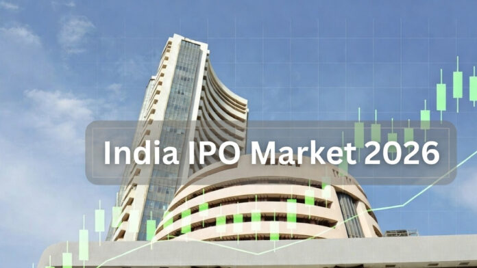 india-ipo-market-2026-recor Bombay Stock Exchange building with rising stock market graph symbolizing IPO growth in India