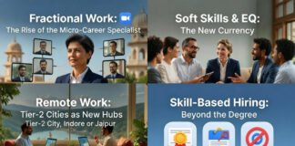 Diverse group of Indian professionals working flexibly in modern settings representing 2026 job market trends