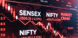 Stock market screen showing falling Indian equity indices
