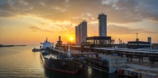 Oil tanker loading crude at export terminal representing global oil trade