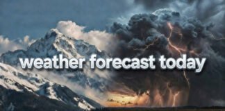 Snowfall in Himalayan mountains with storm clouds over plains showing changing India weather