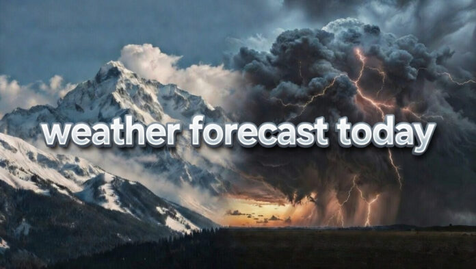 india-weather-forecast-toda Snowfall in Himalayan mountains with storm clouds over plains showing changing India weather