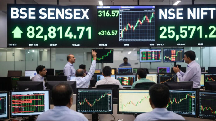 indian-market-sensex-nifty- Indian stock market board showing Sensex and Nifty gains in early Wednesday trade.