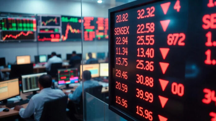 indian-stock-market-fall-fe Trading screen displaying falling stock chart symbolizing weak market opening