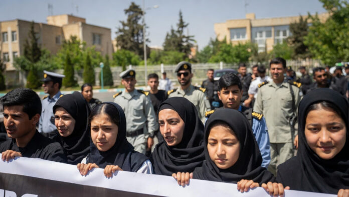 iran-university-protests-te Students protesting at a university campus in Tehran amid heightened security