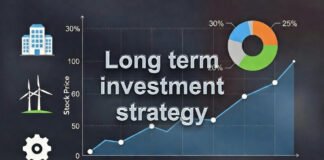 Long-term investment strategy illustration showing blue-chip stocks, green energy sector, and diversified portfolio growth chart.