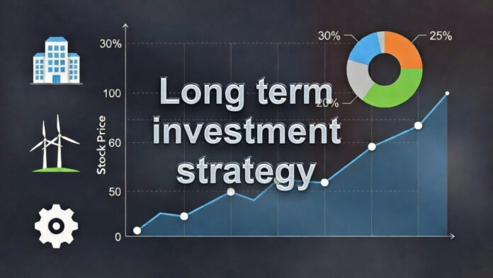 long-term-investment-strate Long-term investment strategy illustration showing blue-chip stocks, green energy sector, and diversified portfolio growth chart.