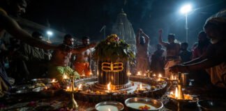 Devotees performing Jalabhishek on Shivling during Mahashivratri night Ceremony
