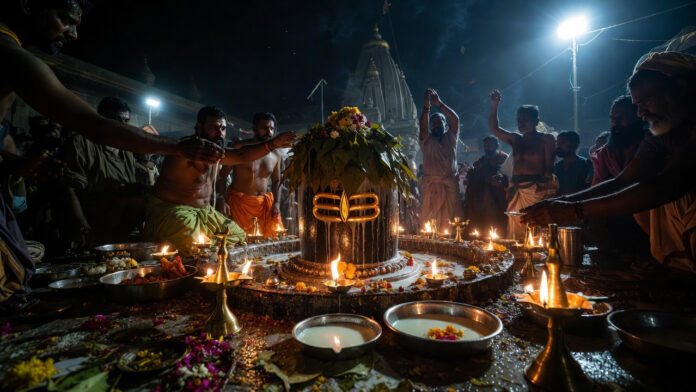 mahashivratri-2026-shivling Devotees performing Jalabhishek on Shivling during Mahashivratri night Ceremony