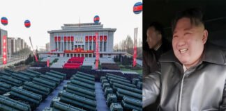 North Korean mobile rocket launcher vehicles displayed during military event
