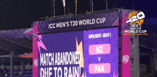 Rain covers on cricket pitch during Pakistan vs New Zealand T20 World Cup match